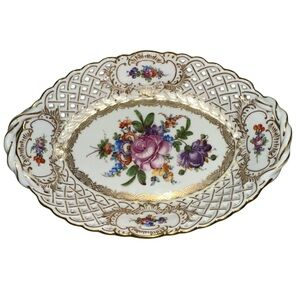 Dresden Oval Floral Porcelain Vintage Plate Reticulated Border w Gold Paint EUC